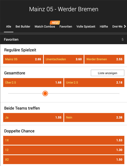 888sport: Mainz-Bremen Quoten