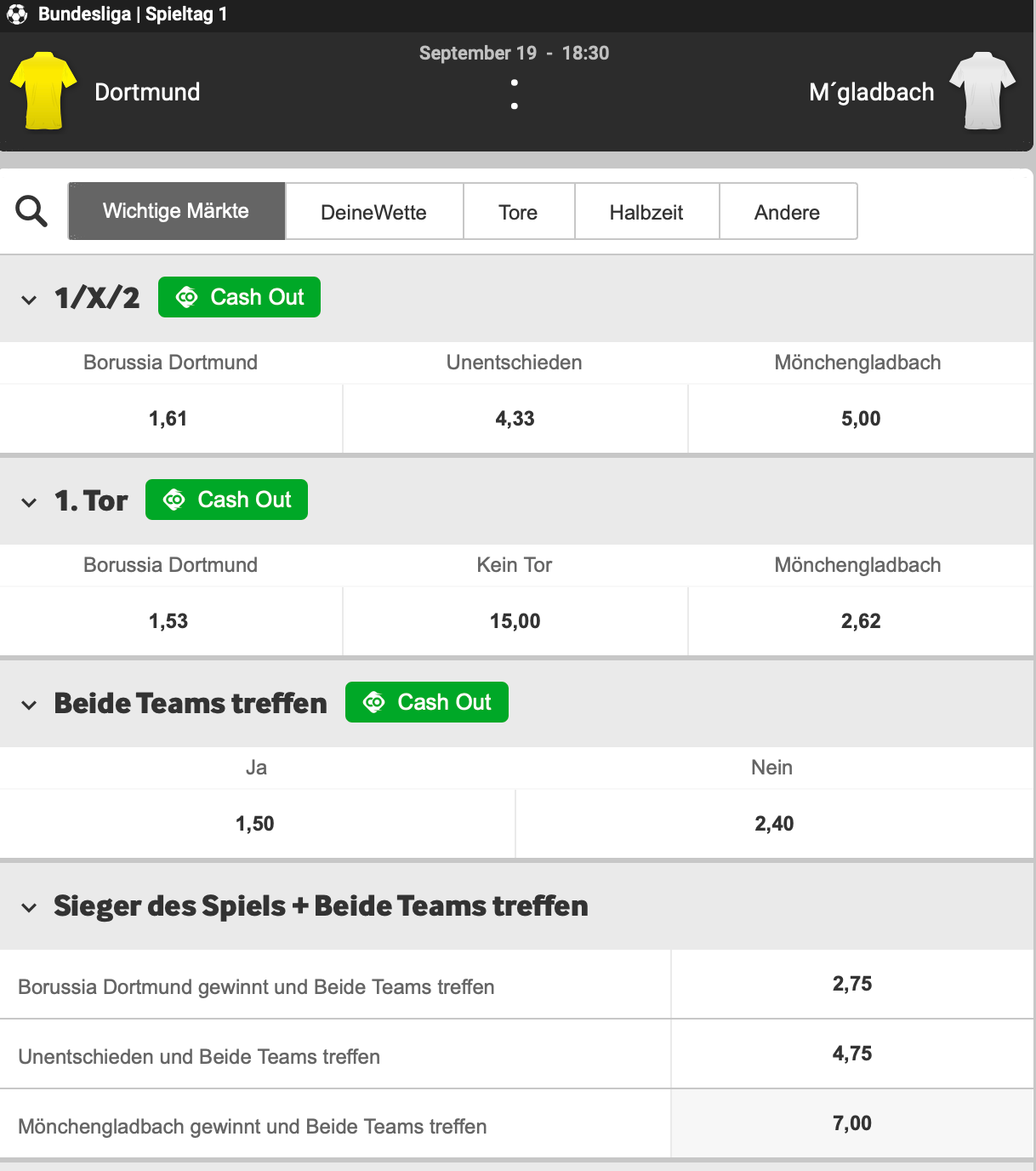 Dortmund -Gladbach Wett Tipp