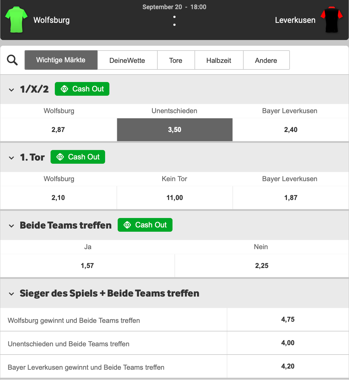 Wolfsburg -Leverkusen Wett Tipp