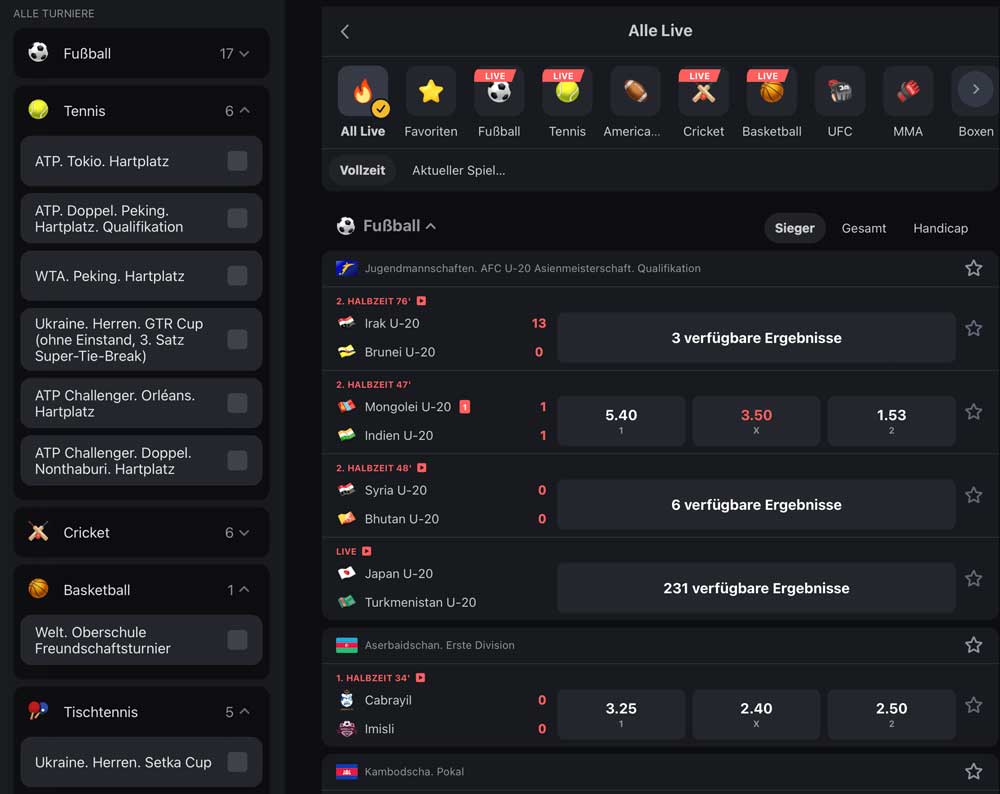 Betswap Livewetten Übersicht